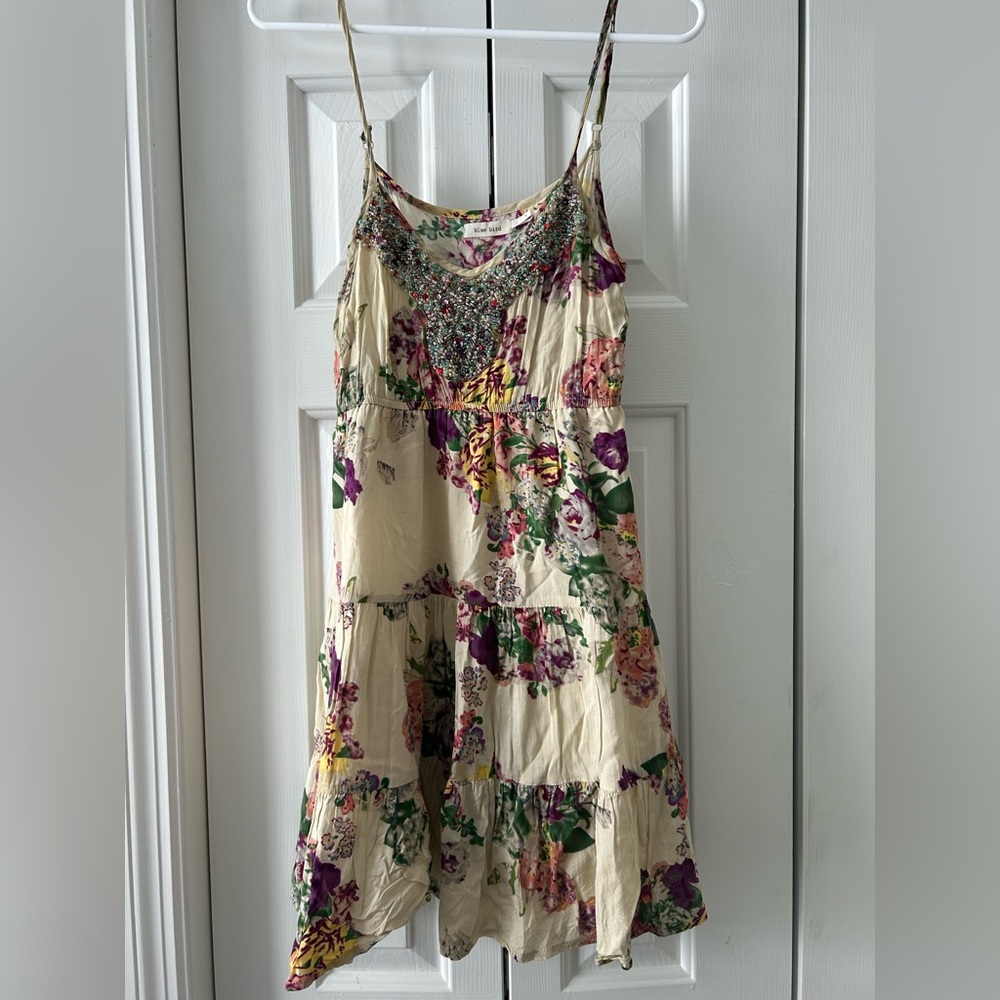 Blue Bird Floral Dress with Beaded Neckline